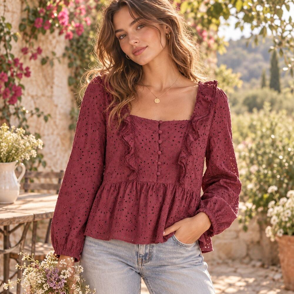 Madewell Eyelet Peplum Blouse XS Burgundy Romantic Boho Ruffle Cotton Top Fall